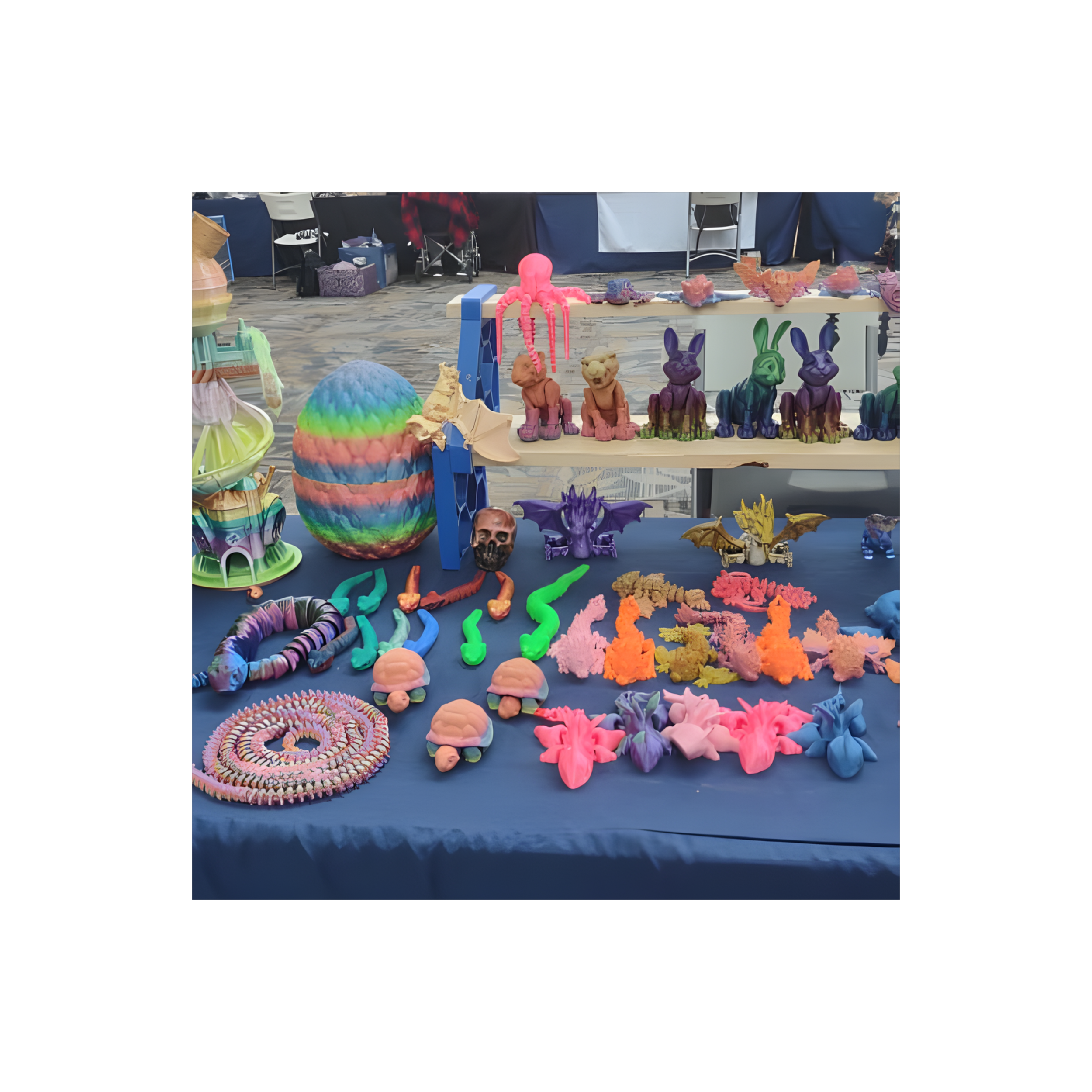 Colorful art sculptures displayed on tables at an indoor market or art fair.