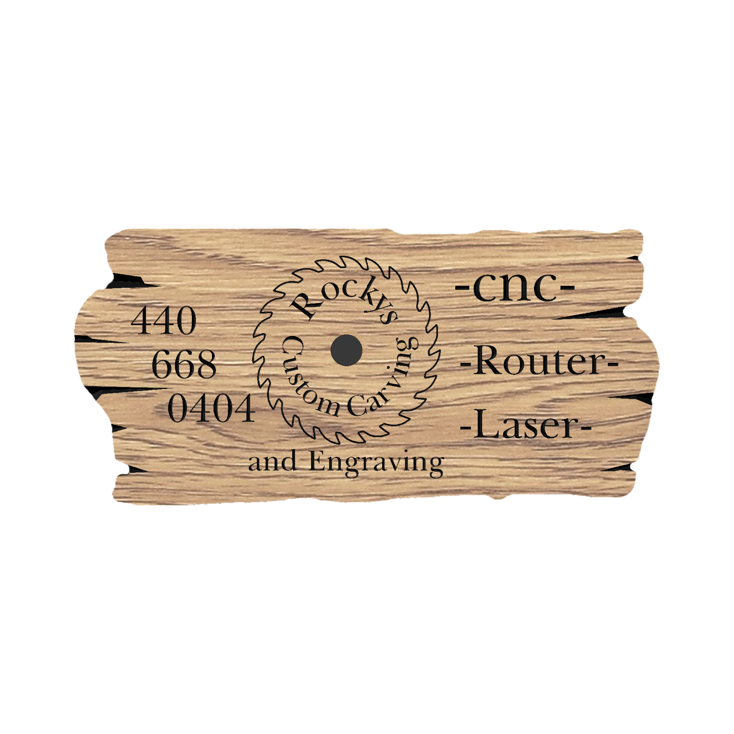 A wooden sign for a business named 'Rocky' specializing in car audio, window tinting, and laser engraving, featuring a circular saw blade graphic.