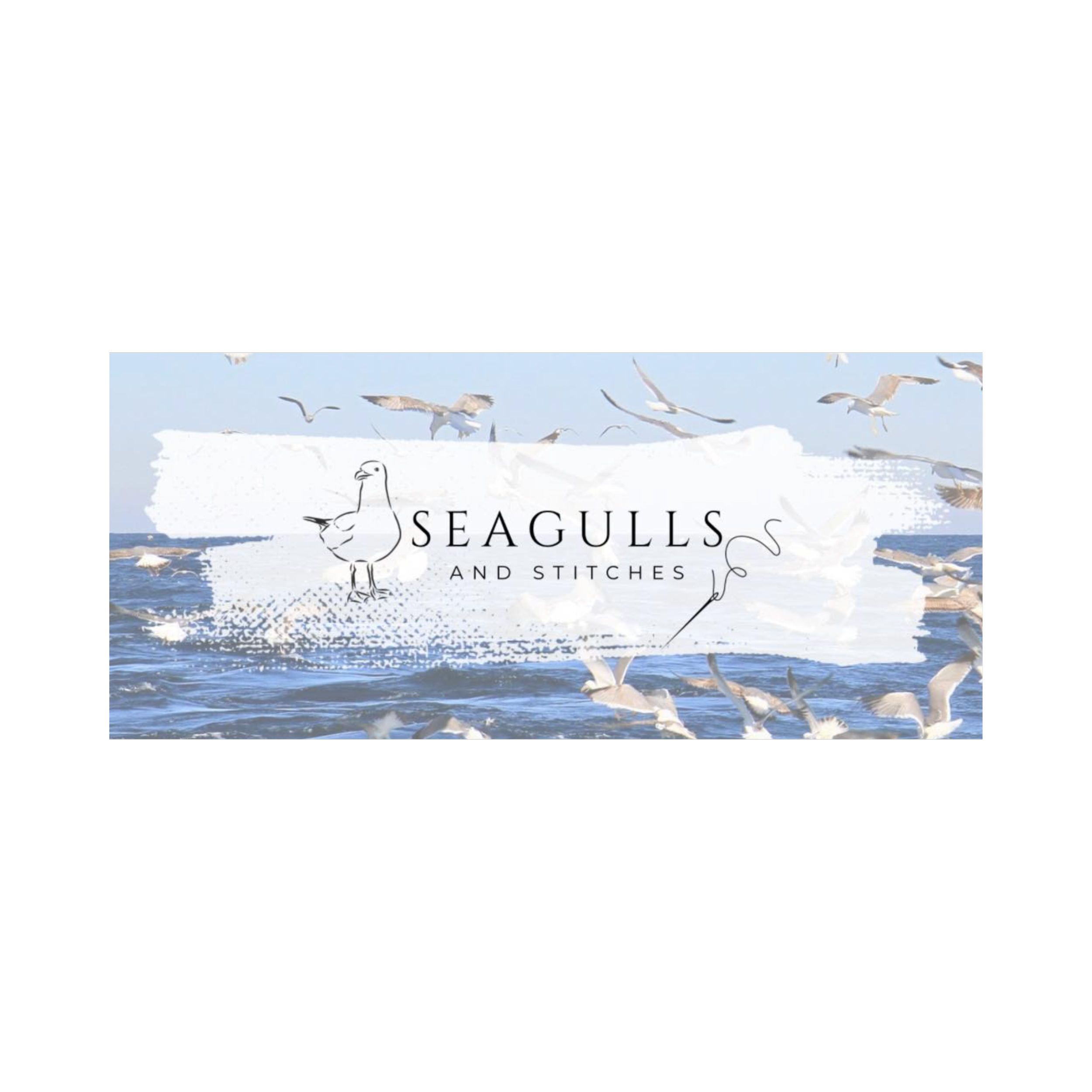 Illustration of seagulls flying over a snowy landscape with the text 'Seagulls and Stitches'