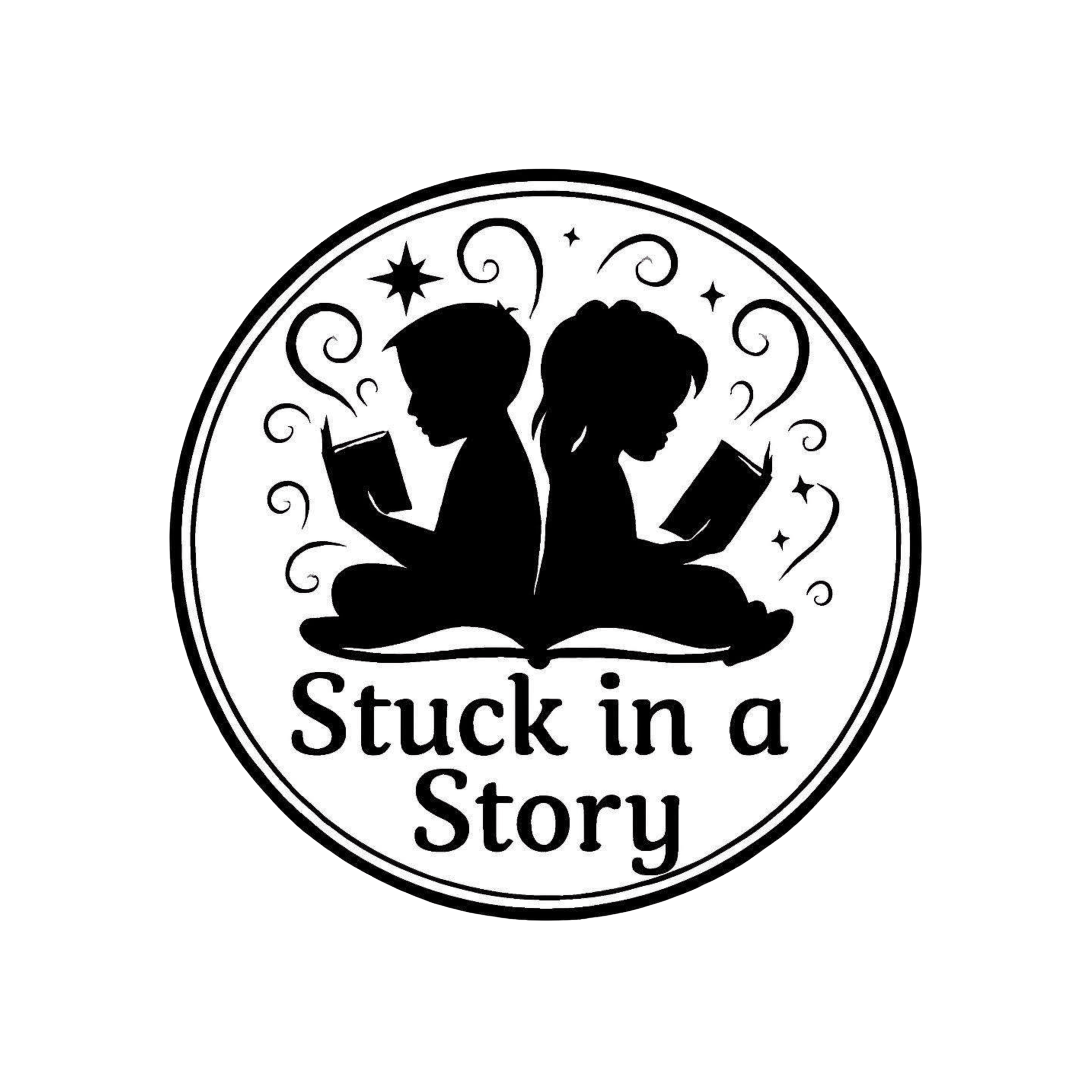Silhouette of a boy and a girl reading books facing each other surrounded by a decorative circular border with stars, on a sign that reads, 'Stuck in a story'.