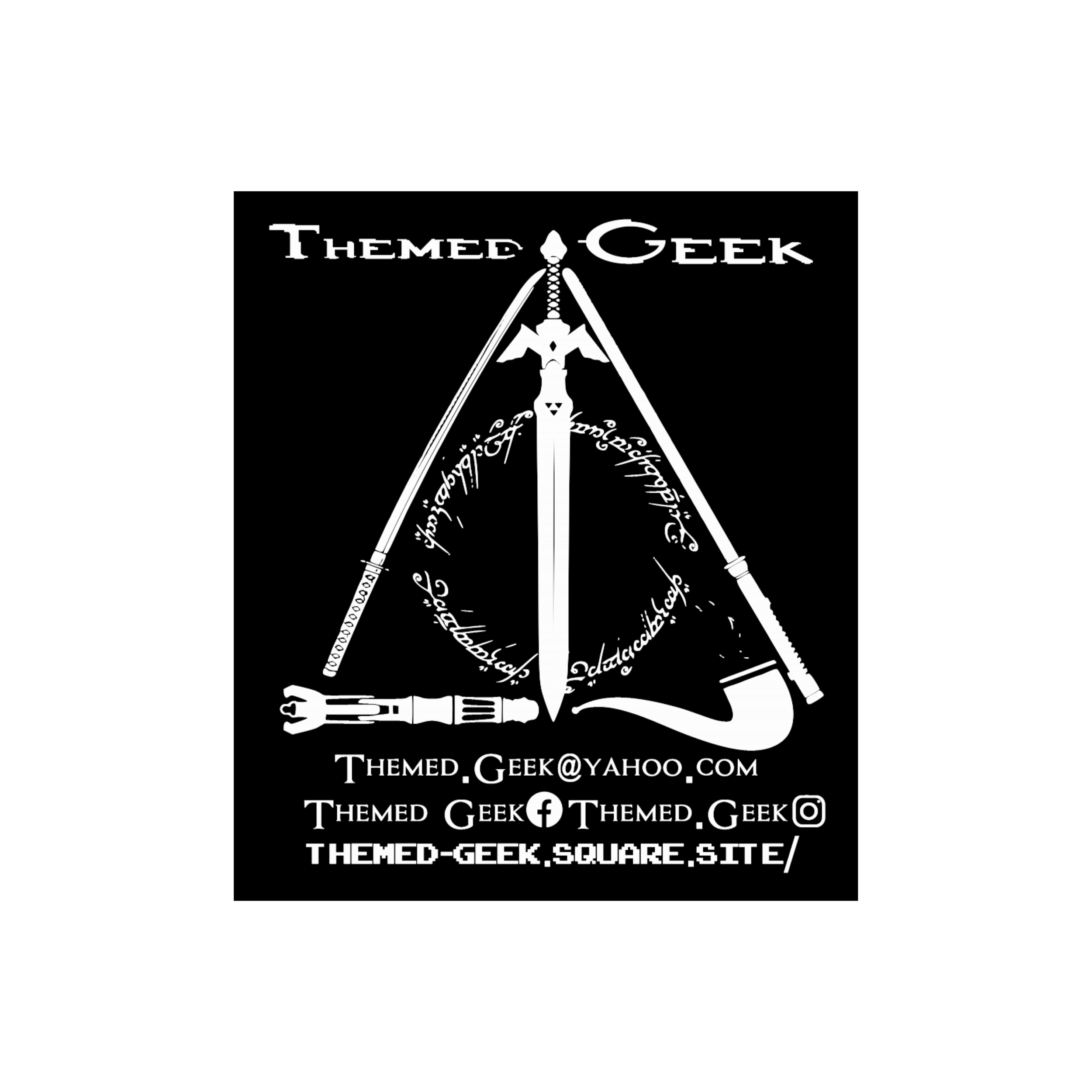 Black background with white text and graphics promoting Themed Geek website and social media handles.