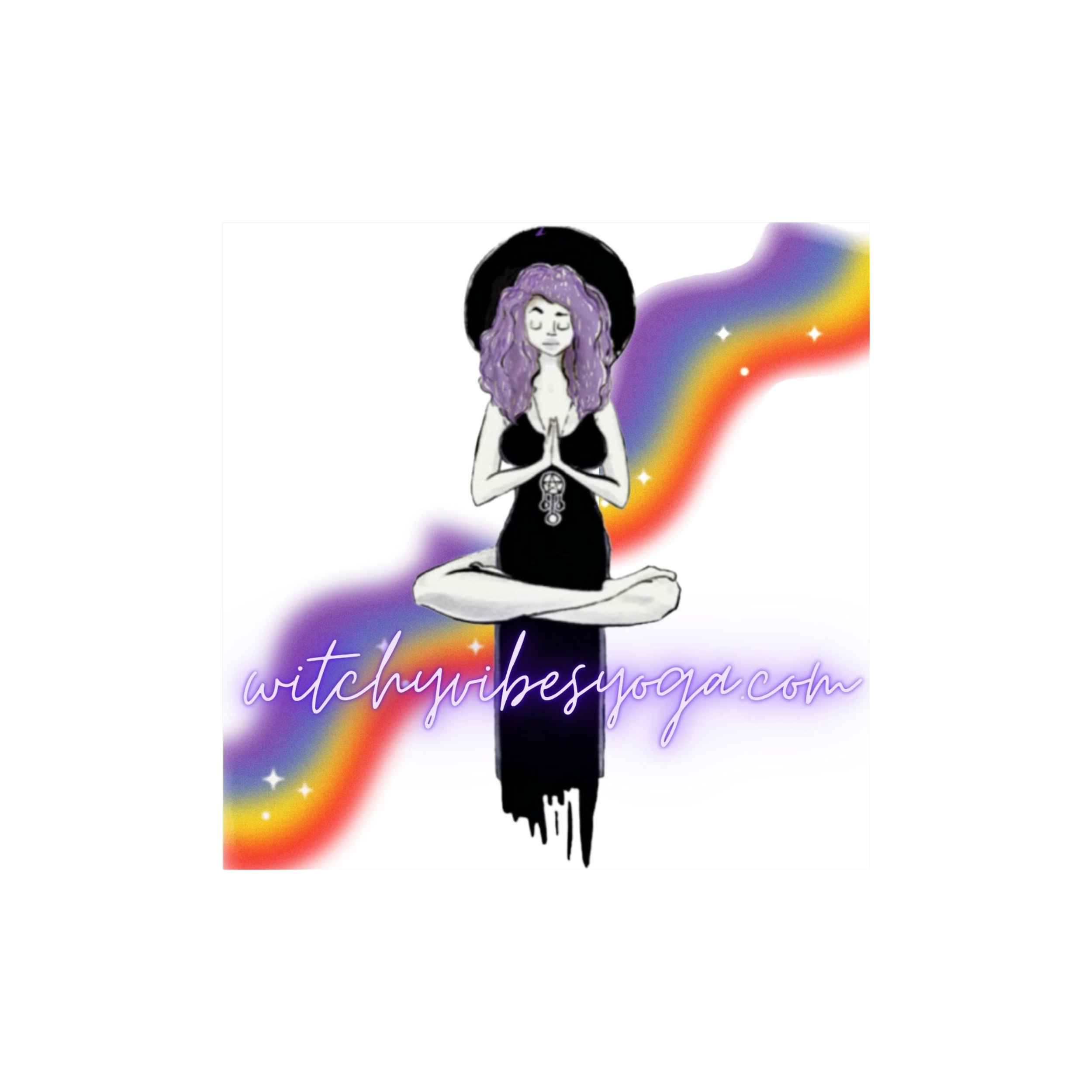A girl with long purple hair sits in a meditative pose with eyes closed, hands in prayer position, in front of a rainbow, stars, and a black moon on a white background, with the text 'witchywishesnwa.com' at the bottom.