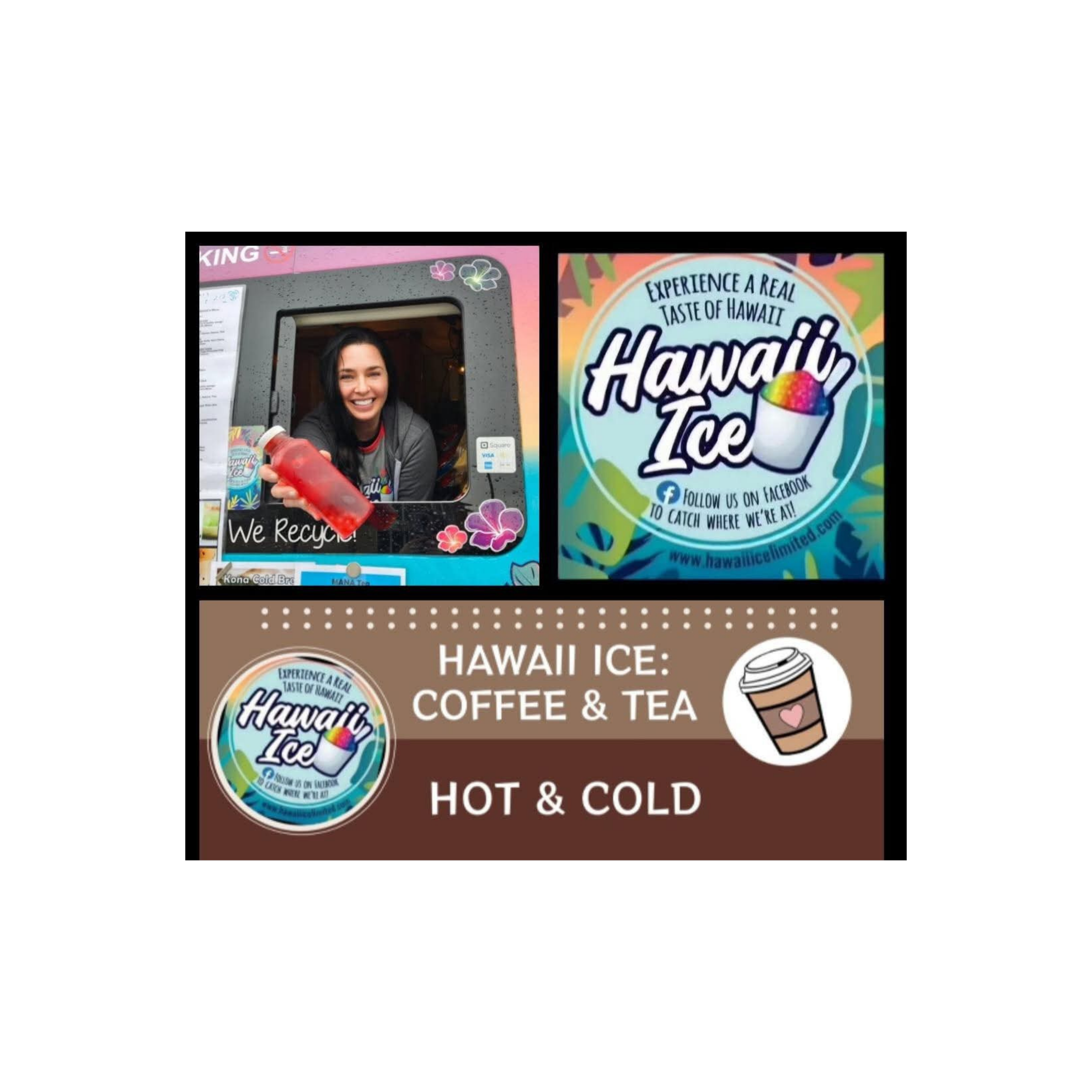 A woman at a Hawaii-themed ice shop, holding a red bottled drink and smiling, with signs indicating ice flavors and hot and cold drinks, and Hawaii ice branding.