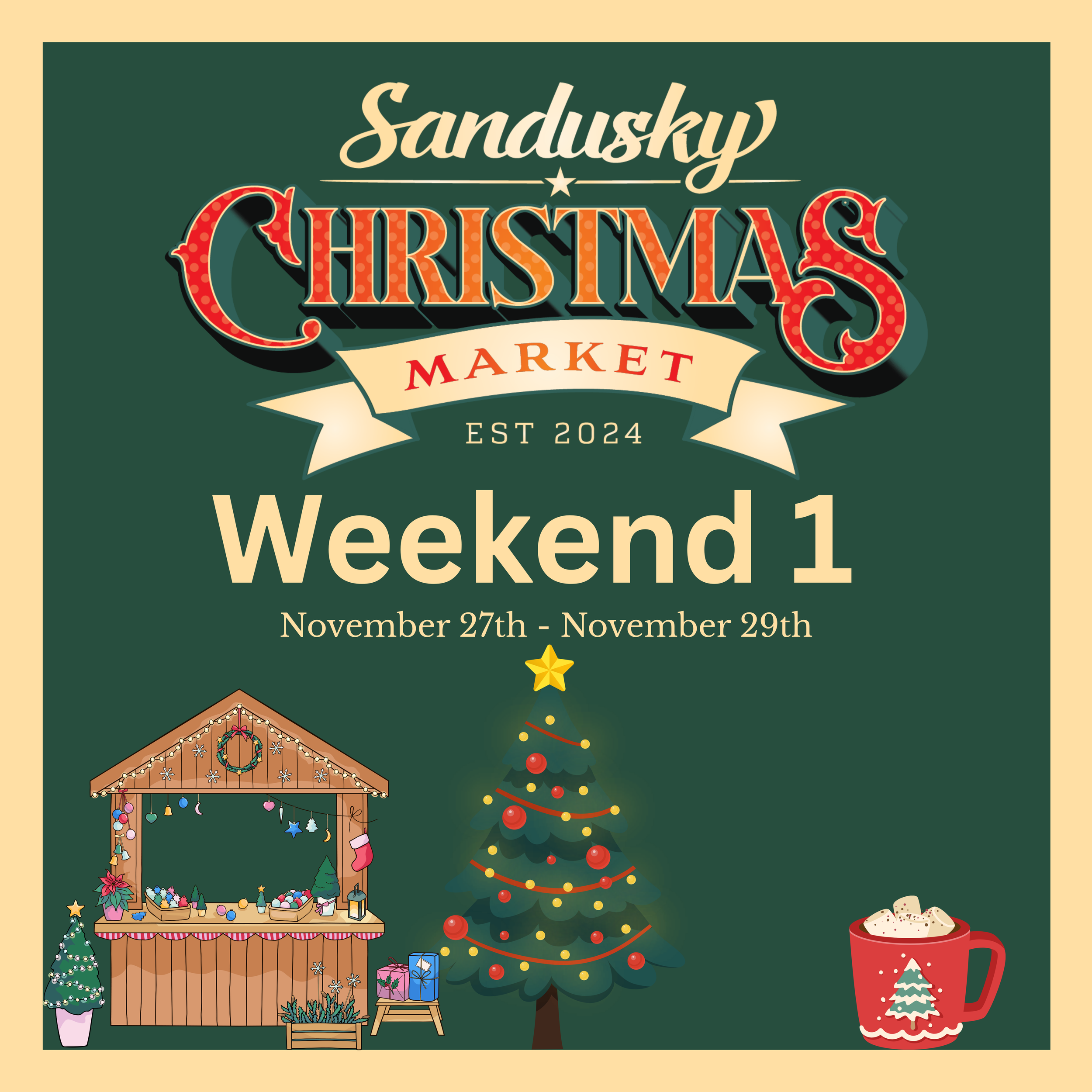 A colorful Christmas market scene with a decorated Christmas tree, a holiday market stall decorated with ornaments and lights, a red holiday mug with a Christmas tree design, and a cozy house with a Christmas wreath and ornaments.