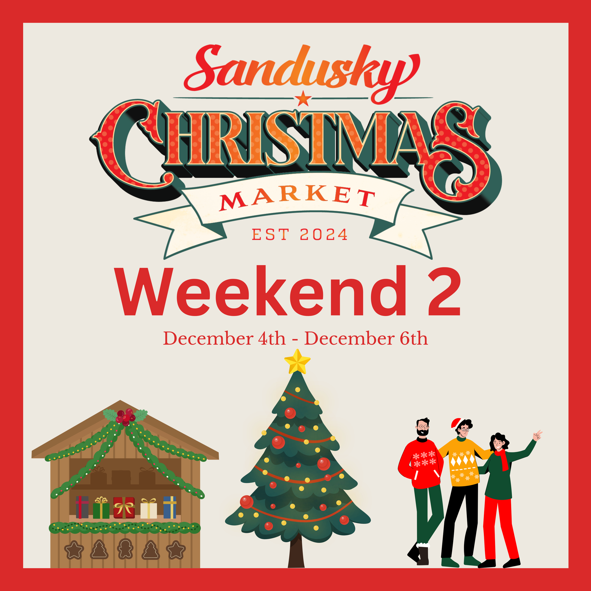 A festive holiday scene with a decorated Christmas tree, a gingerbread house with candy decorations, and a group of three people wearing Christmas sweaters, posing and smiling. The background is beige with a red border, and text indicates a Christmas market from December 4th to December 6th.