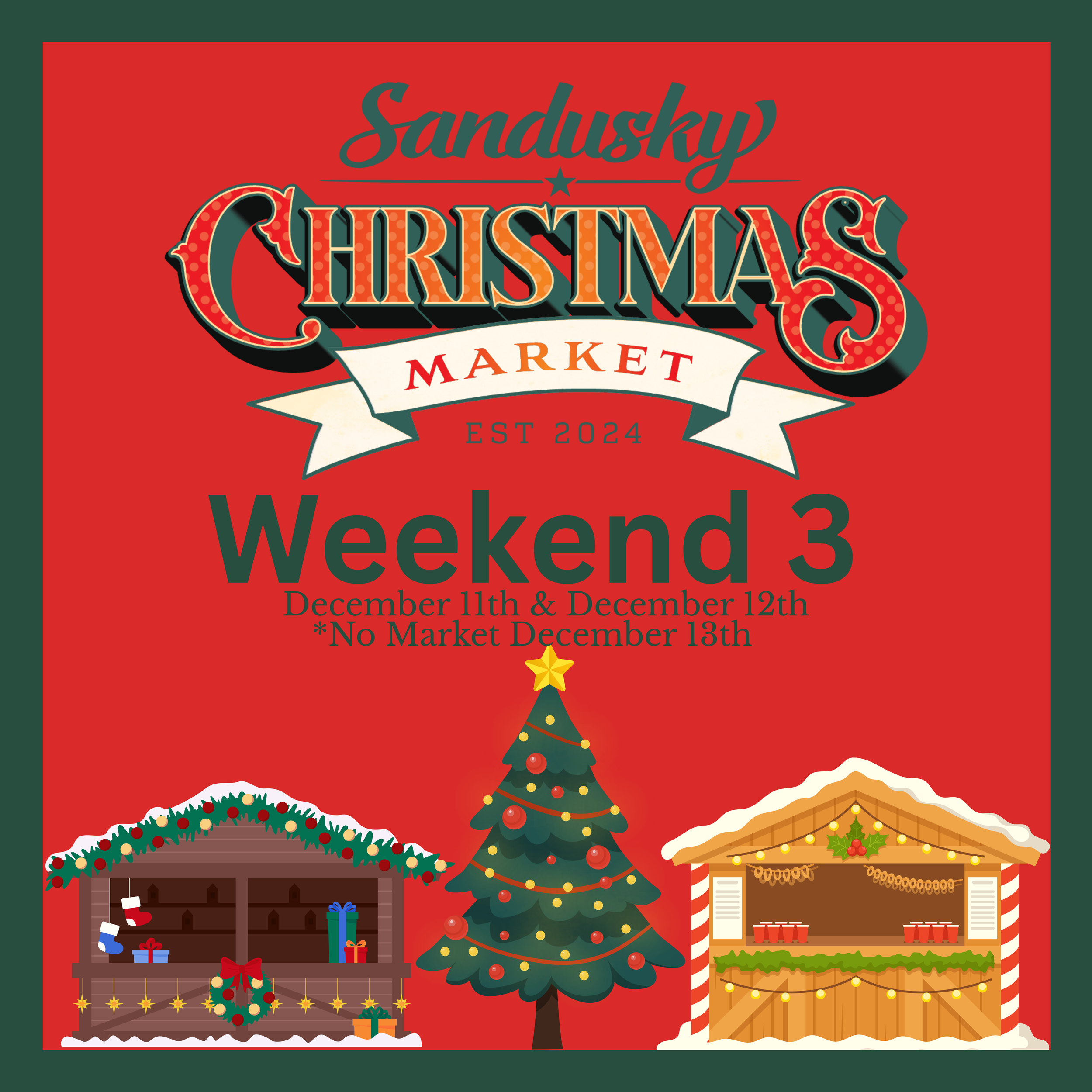 Decorative Christmas market poster featuring a tall Christmas tree, festive wooden huts, and a decorated gazebo with presents and stockings.