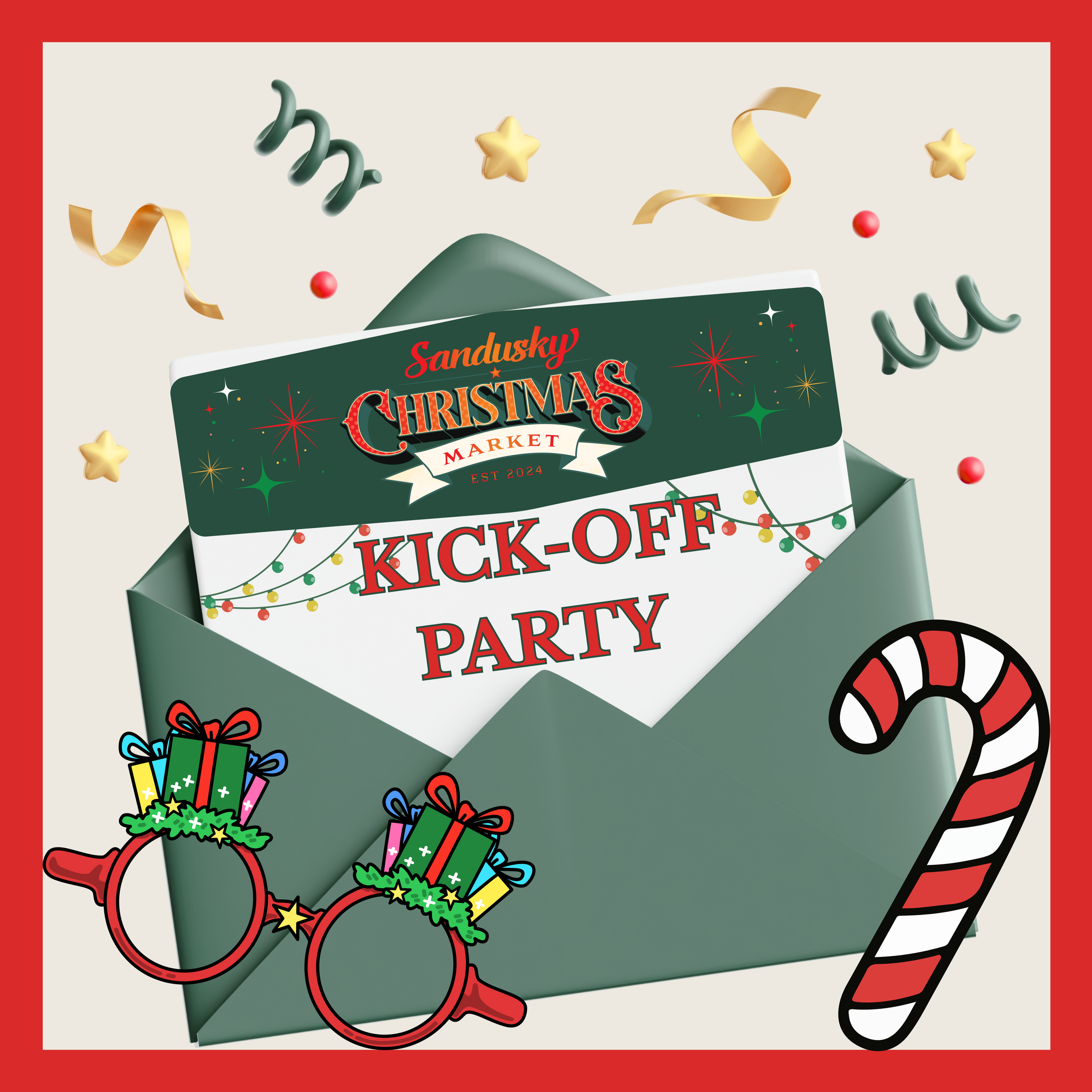 Partially visible green gift box with a label that reads 'Christmas Market,' decorated with string lights, surrounded by Christmas-themed items including a red stocking with green holly, a candy cane with red stripes, and colorful presents with ribbons.