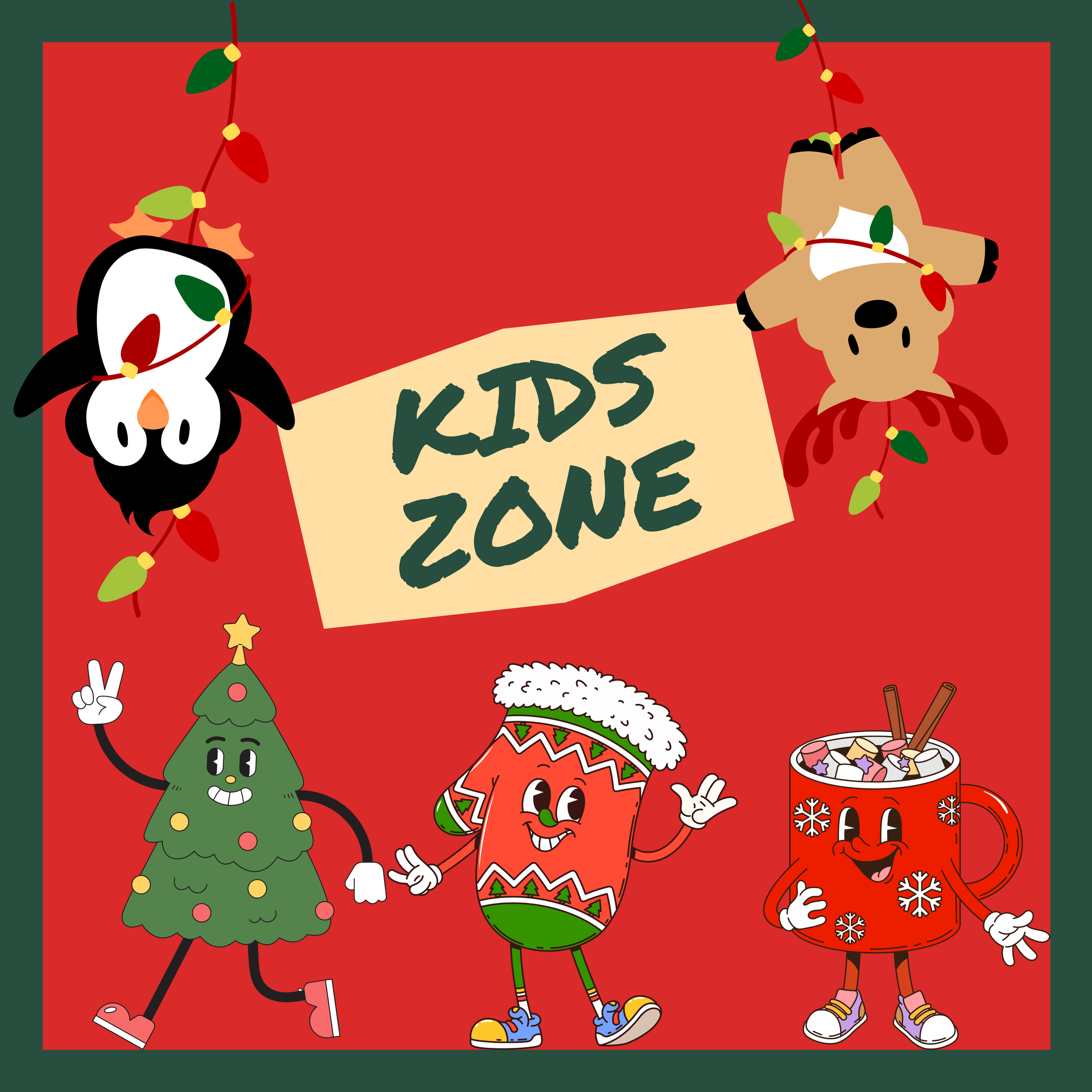 A festive holiday illustration featuring a penguin, a Christmas tree, a sock with a snowflake pattern, and a cup of hot chocolate with marshmallows and sprinkles, all in a cartoon style with bright colors.