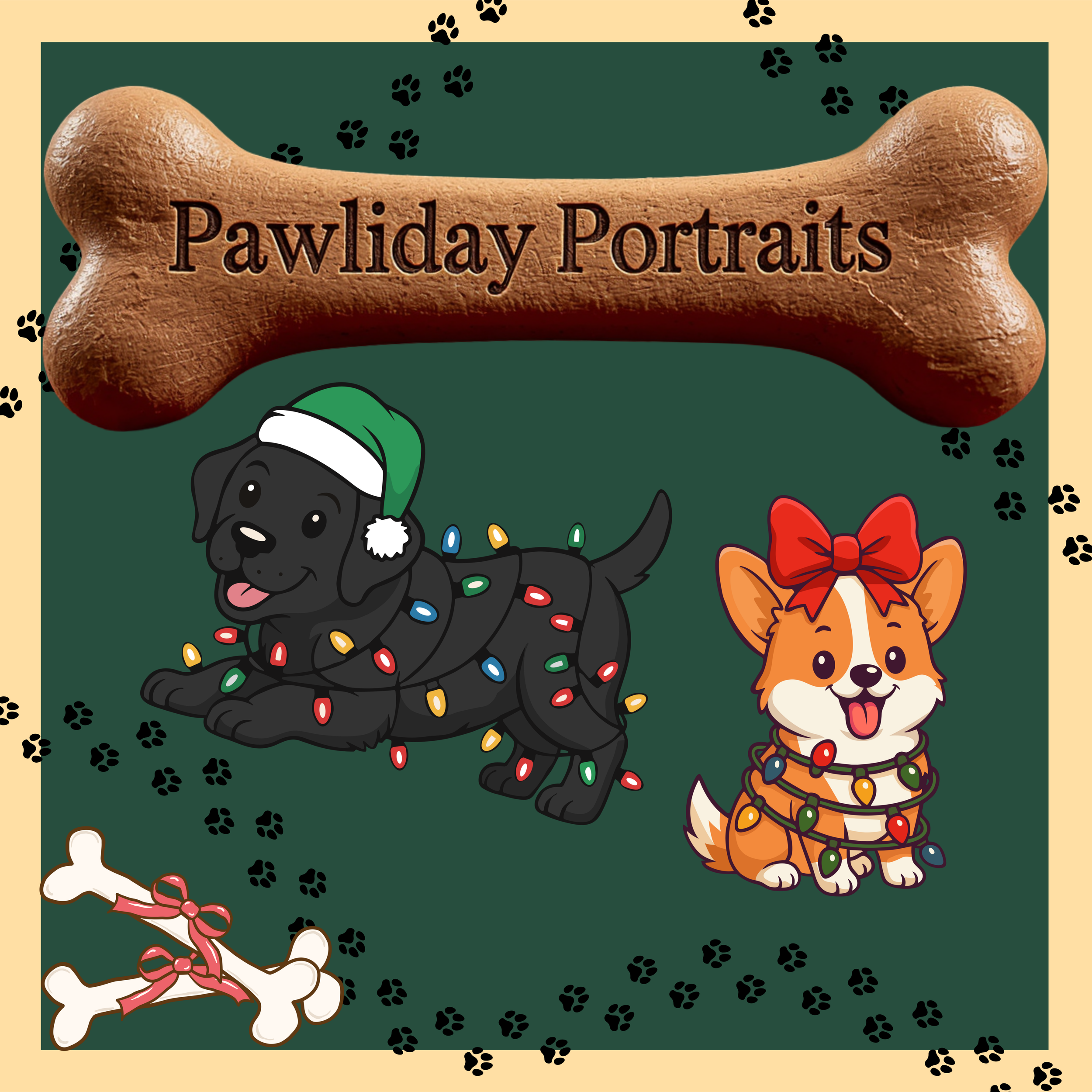 A Christmas-themed digital illustration featuring various dog portraits dressed in holiday accessories, along with a large bone-shaped sign that reads 'Pawiday Portraits.' The background has paw prints and a beige border.