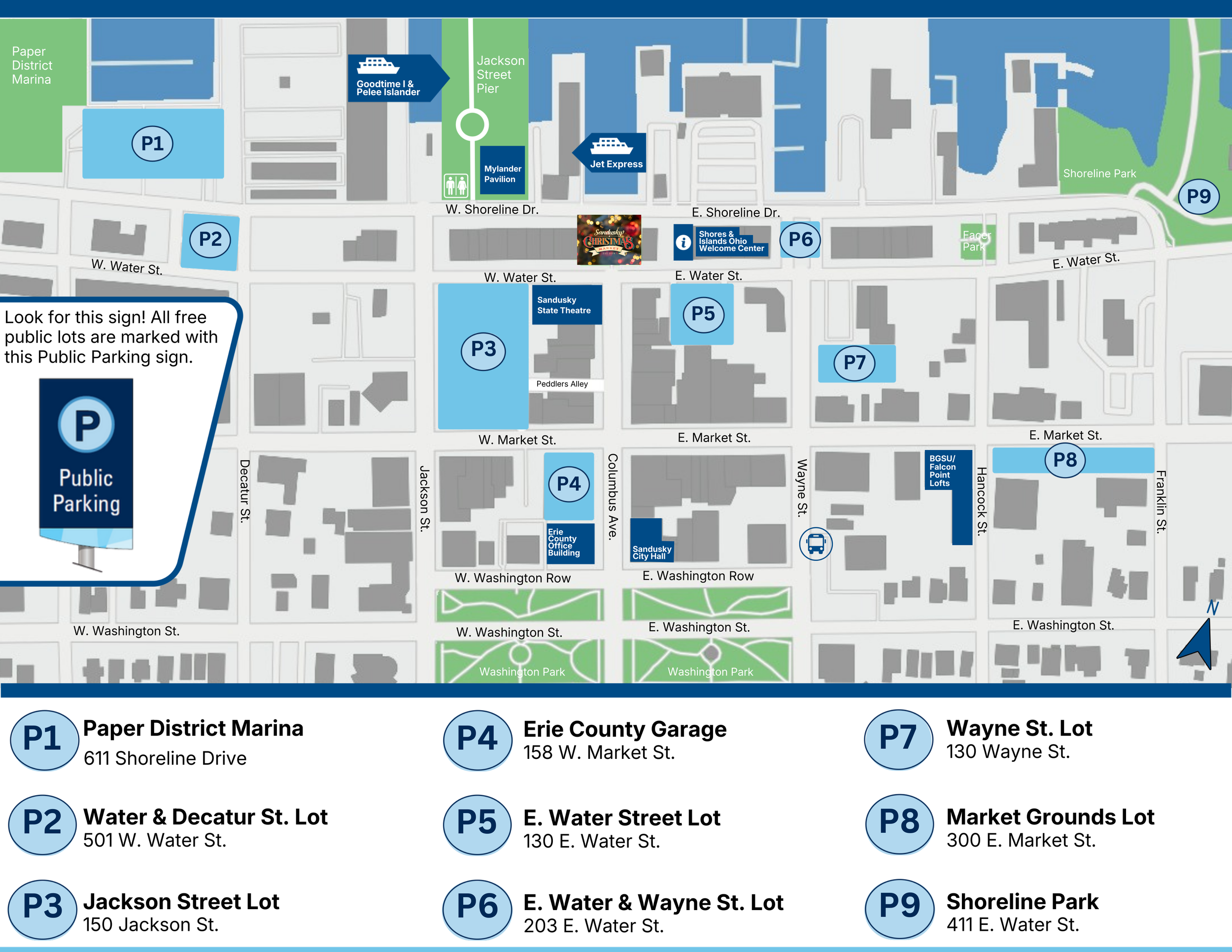 Map of public parking lots and landmarks around Shoreline Drive, Water Street, and Water Street in Erie, Pennsylvania. Key locations include Paper District Marina, Erie County Garage, Shoreline Park, and Market Grounds Lot.