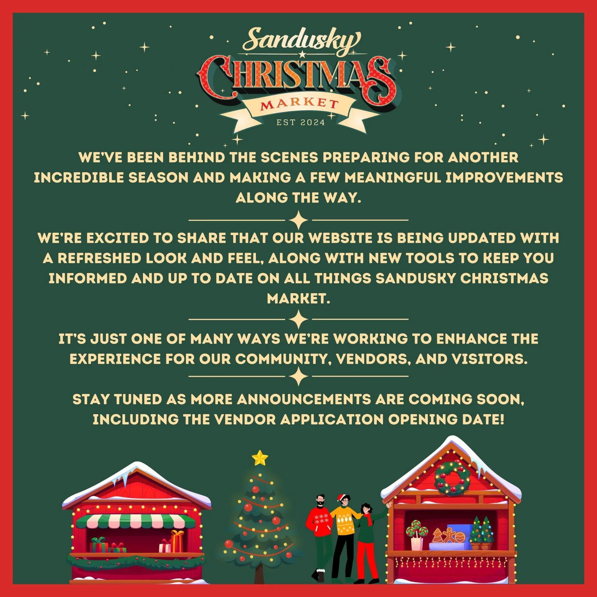 We are excited to announce the return of the 3rd Annual Sandusky Christmas Market in 2026! 🎄

✨ New this year: We're extending the magic with a 𝟒𝐭𝐡 𝐰𝐞𝐞𝐤𝐞𝐧𝐝! (Friday + Saturday only)

Dates: 
November 27th-29th
December 4th-6th
December 11t