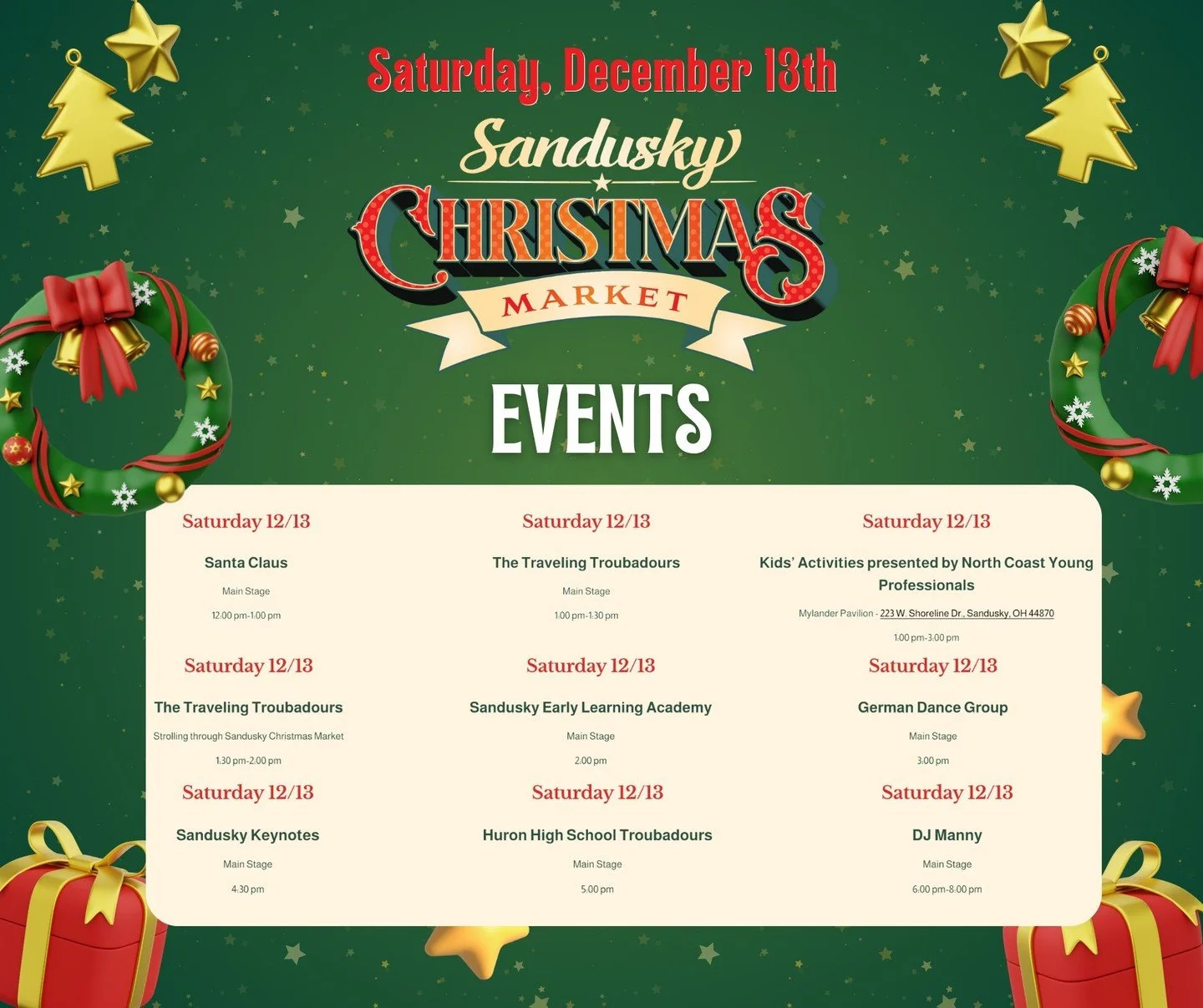 🎄✨ TODAY IS IT &mdash; THE FINAL DAY OF THE SANDUSKY CHRISTMAS MARKET! ✨🎄

This is your last chance to step into our magical holiday wonderland filled with twinkling lights, festive music, and nonstop cheer &mdash; and trust us, you do not want to 