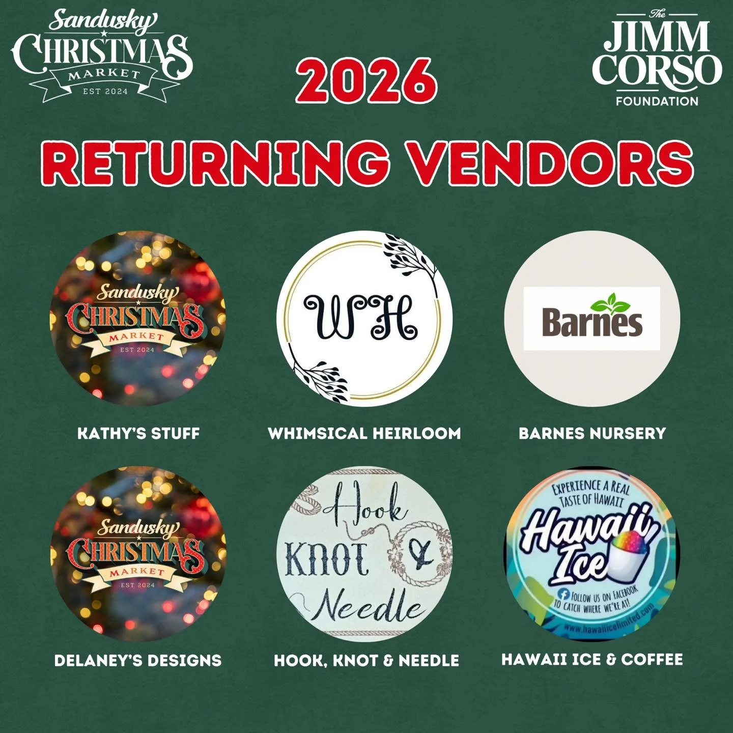 The returning vendors just keep coming! 

Six more returning vendors are joining us for the 2026 Sandusky Christmas Market. Check them out and get ready to shop local this Christmas season ✨🎁

✨ Kathy's Stuff
✨ Whimsical Heirloom 
✨ Barnes Nursery 
