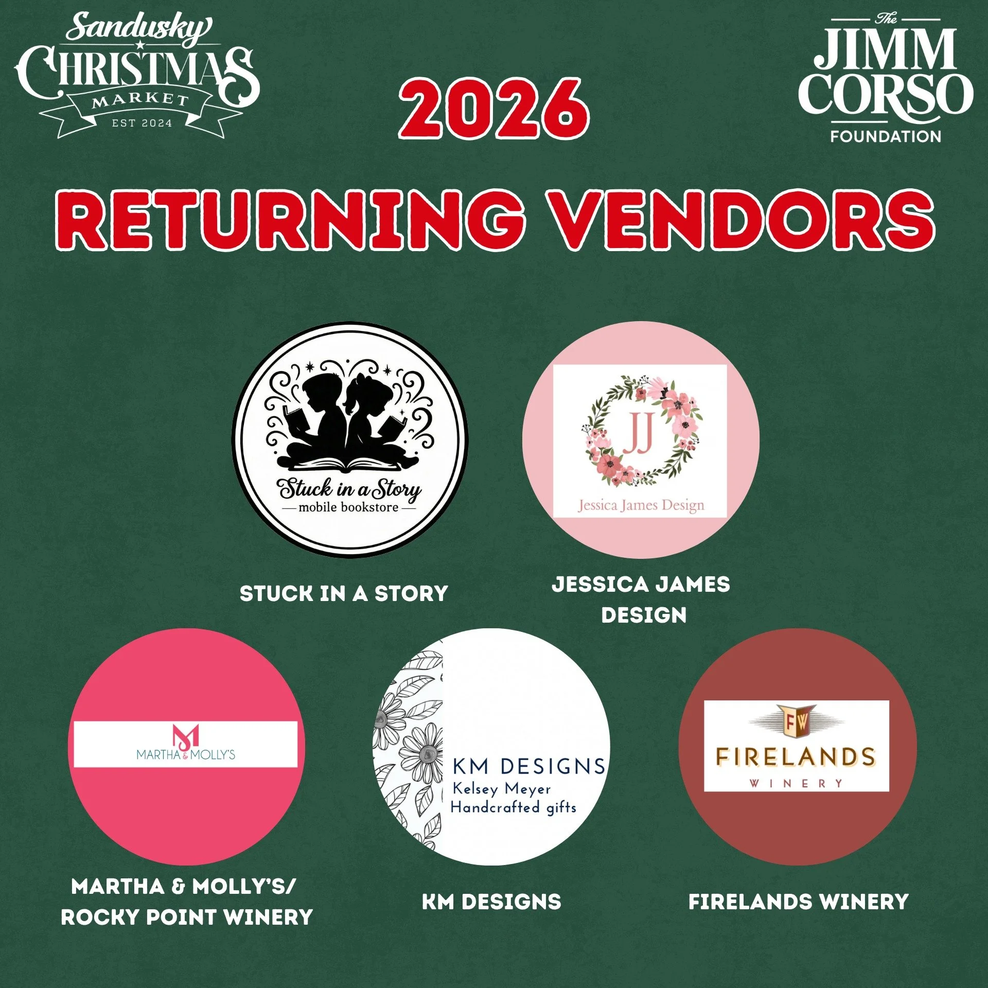 The returning vendor lineup keeps growing! ✨

We are excited to welcome these 5 amazing vendors back for the 2026 Sandusky Christmas Market 🎁

Stuck in a Story 
Jessica James Designs 
Martha &amp; Molly's @rockypointwinery 
KM Designs
Firelands Wine