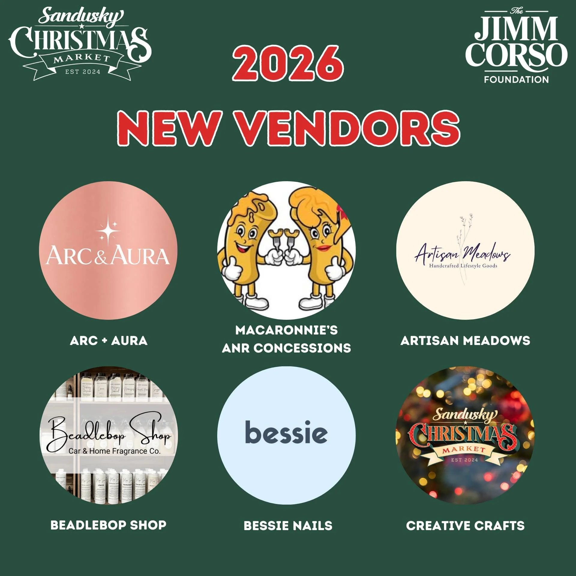 NEW Vendors, more local favorites to love ❤️

We're excited to introduce our first group of new vendors joining us for the 2026 Sandusky Christmas Market! 

Curious when they'll be at the market? Visit our website to see which weekend each vendor wil