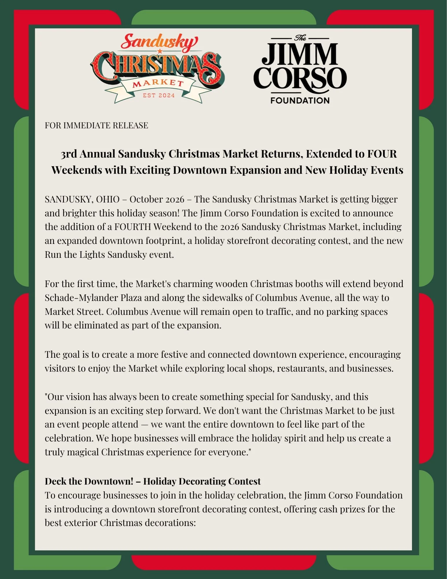 We&rsquo;re bringing even more Christmas cheer to Downtown Sandusky! 

Our 2026 Press Release is here with exciting updates, new events and more holiday magic. 🎄✨

We can&rsquo;t wait to welcome you for another Christmas Market season in Downtown Sa