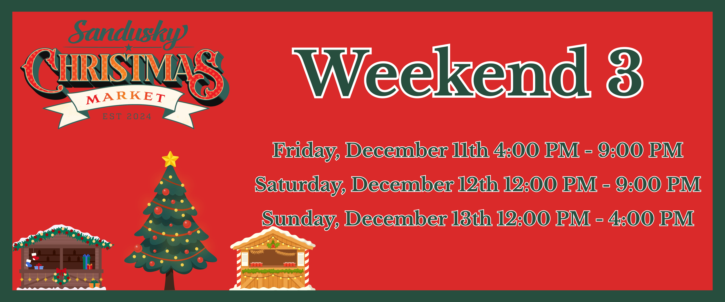 Christmas Market event details for Sandusky, including dates and times, with decorated Christmas trees and holiday-themed booths.