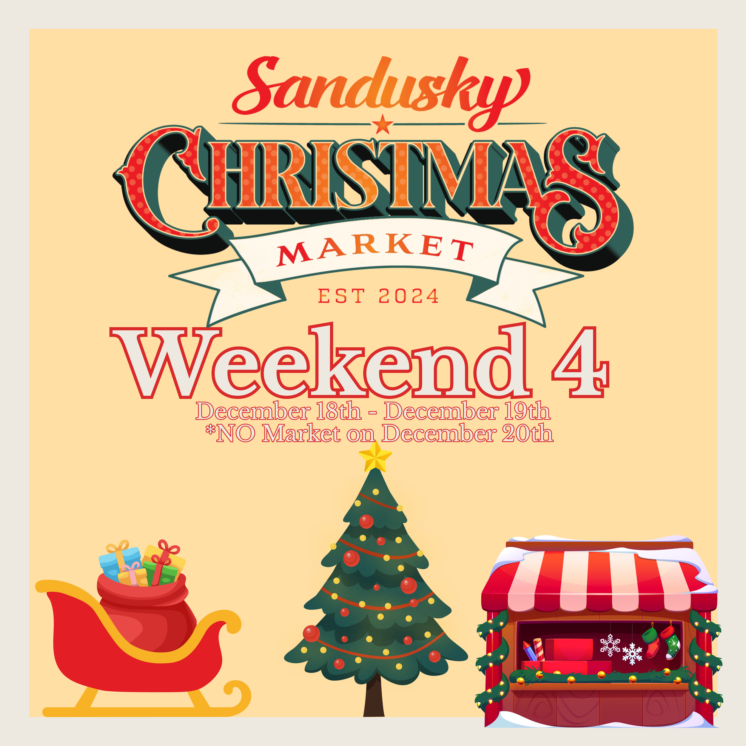 Festive Christmas market poster with a decorated Christmas tree, a sleigh filled with wrapped gifts, a Christmas stocking, a red-and-white gingerbread house, and a banner with event details from December 18th to 19th, 2024.