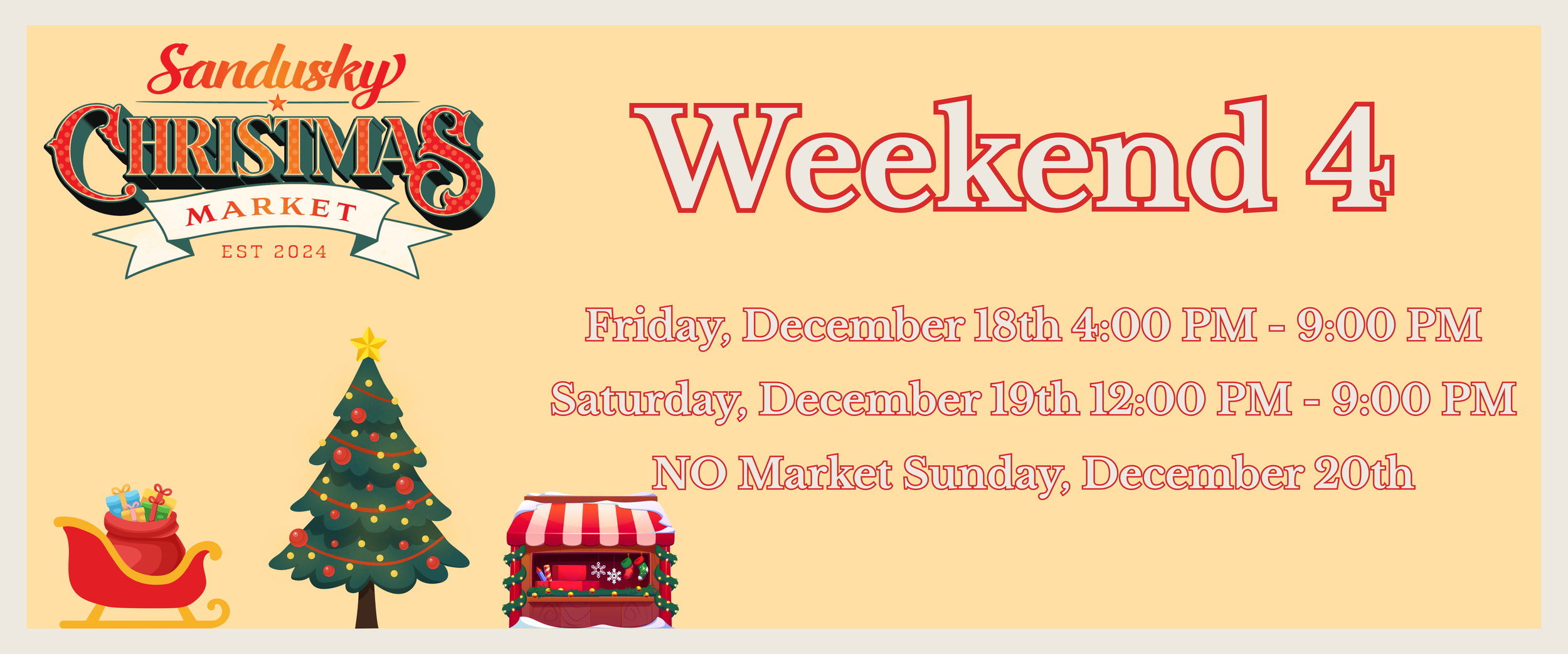 A Christmas market schedule with dates and times, featuring holiday decorations, a Christmas tree, a sleigh, and a gift stall, on a beige background.