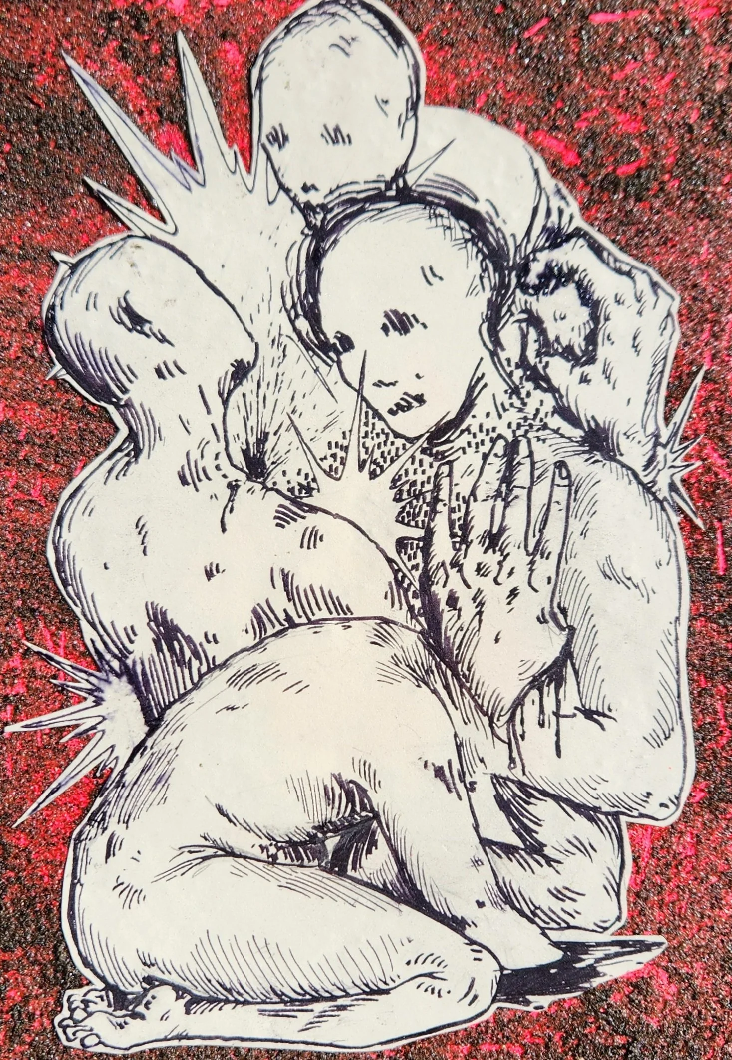 Ink, acrylic, sand, and gel medium on paper