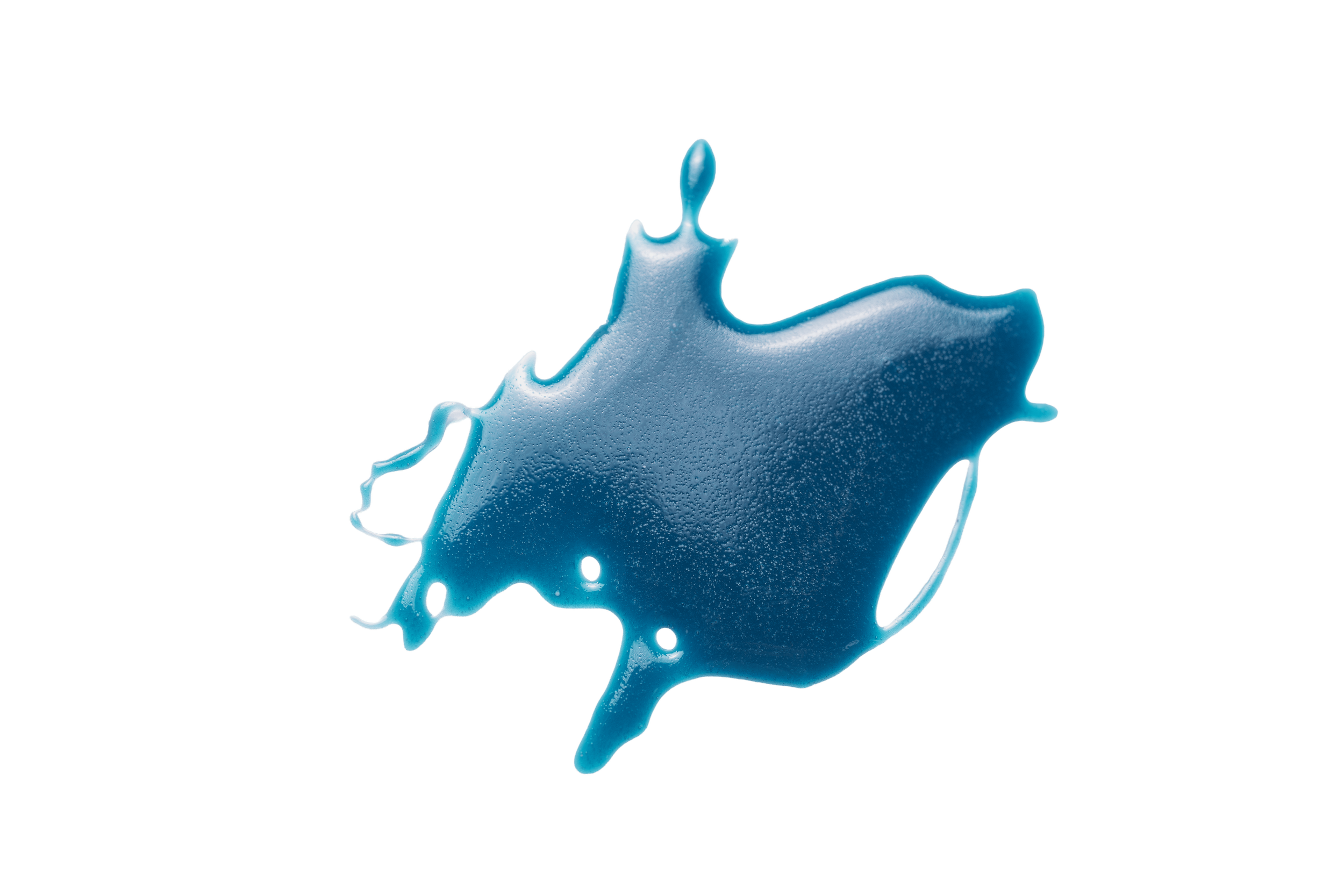A close-up image of a blue, splattered resin on a white background.