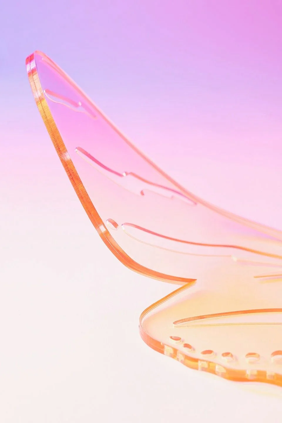 Close-up of a pink and orange soft resin butterfly wings against a pastel pink and purple background.