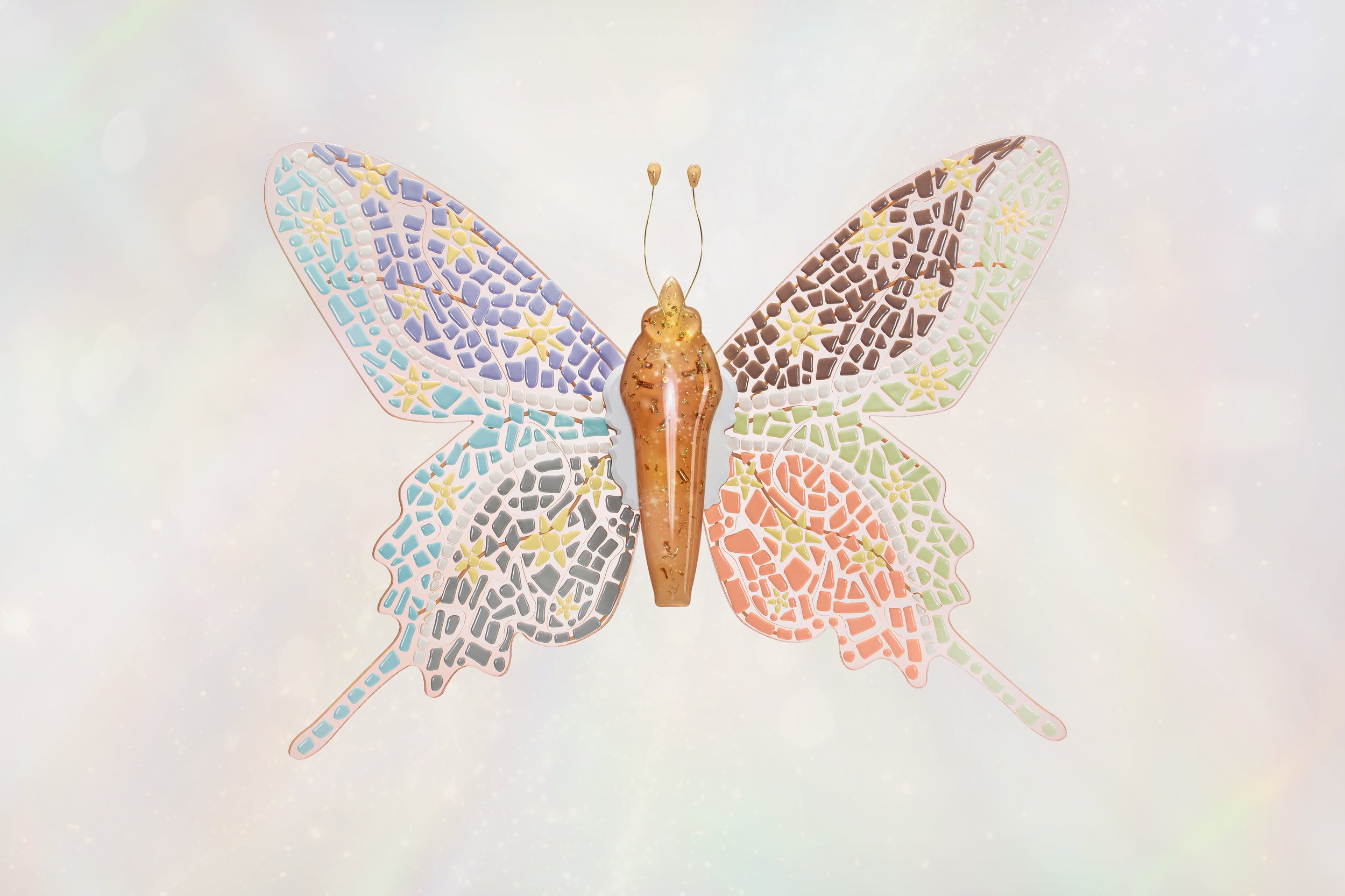 Mosaic butterfly sculpture made from soft resin honoring the Robb Elementary School community in Uvalde, TX