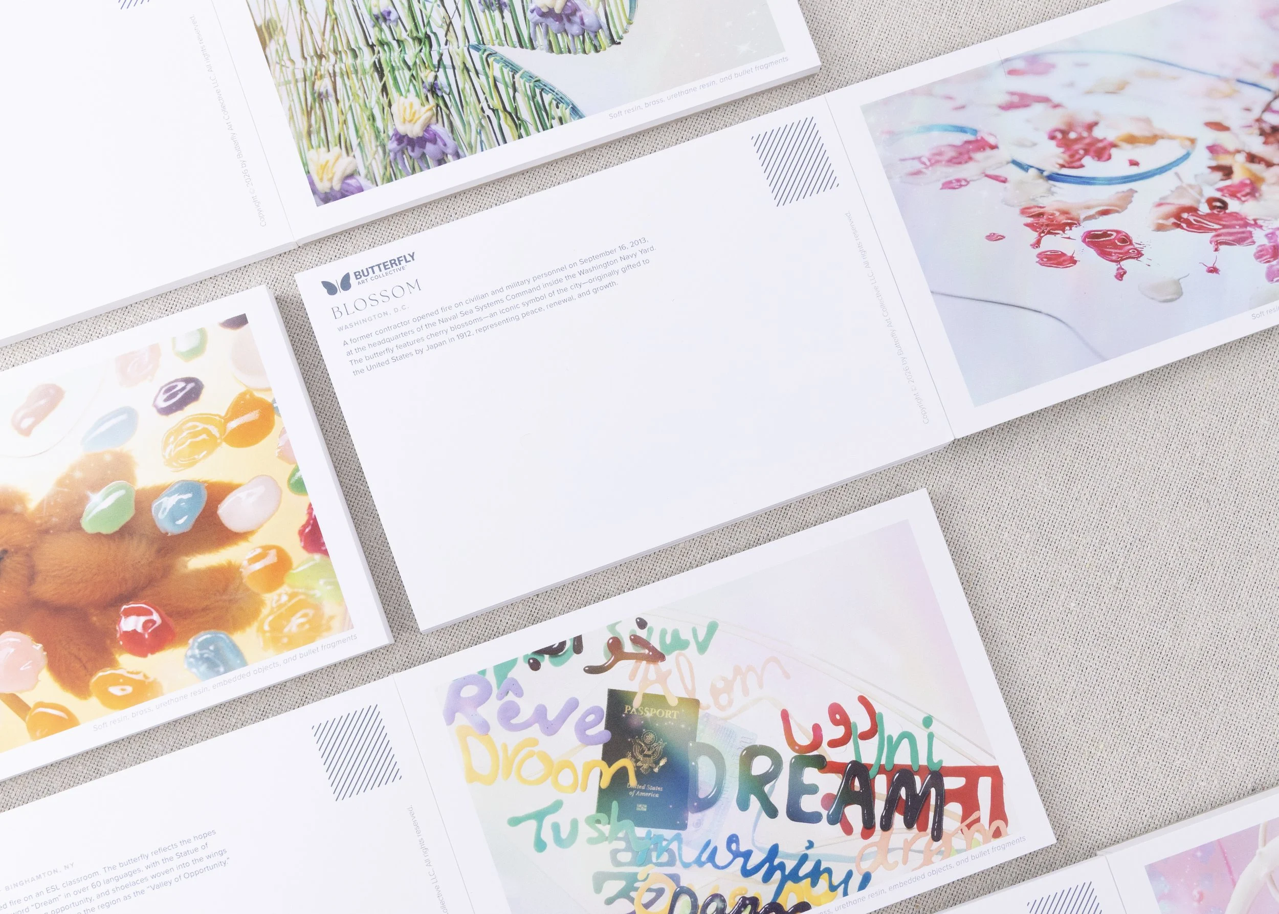 Selection of art postcards from the Resilience collection featuring original butterfly imagery and the stories behind each artwork.