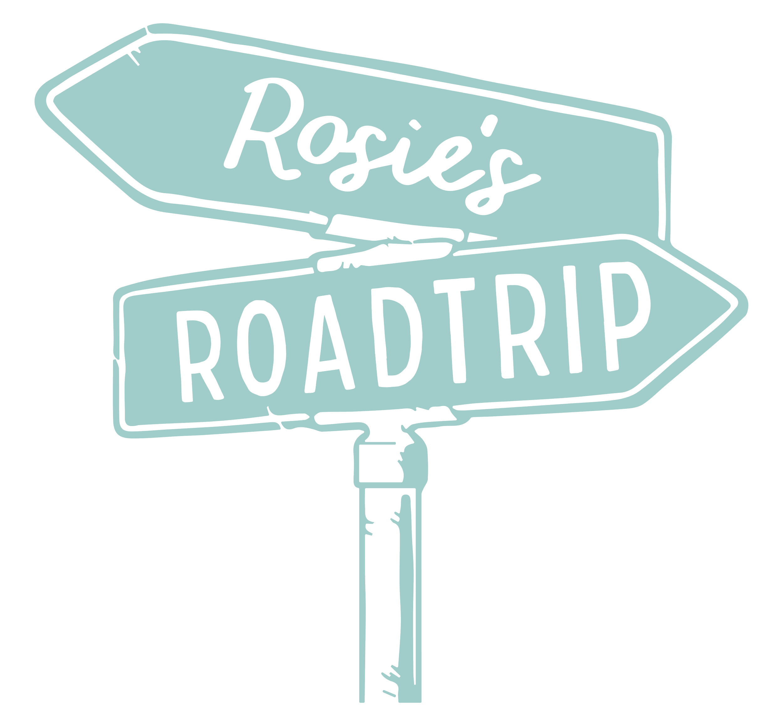 A signpost with two directions pointing to 'Rosie's' and 'Roadtrip' in a handwritten style.