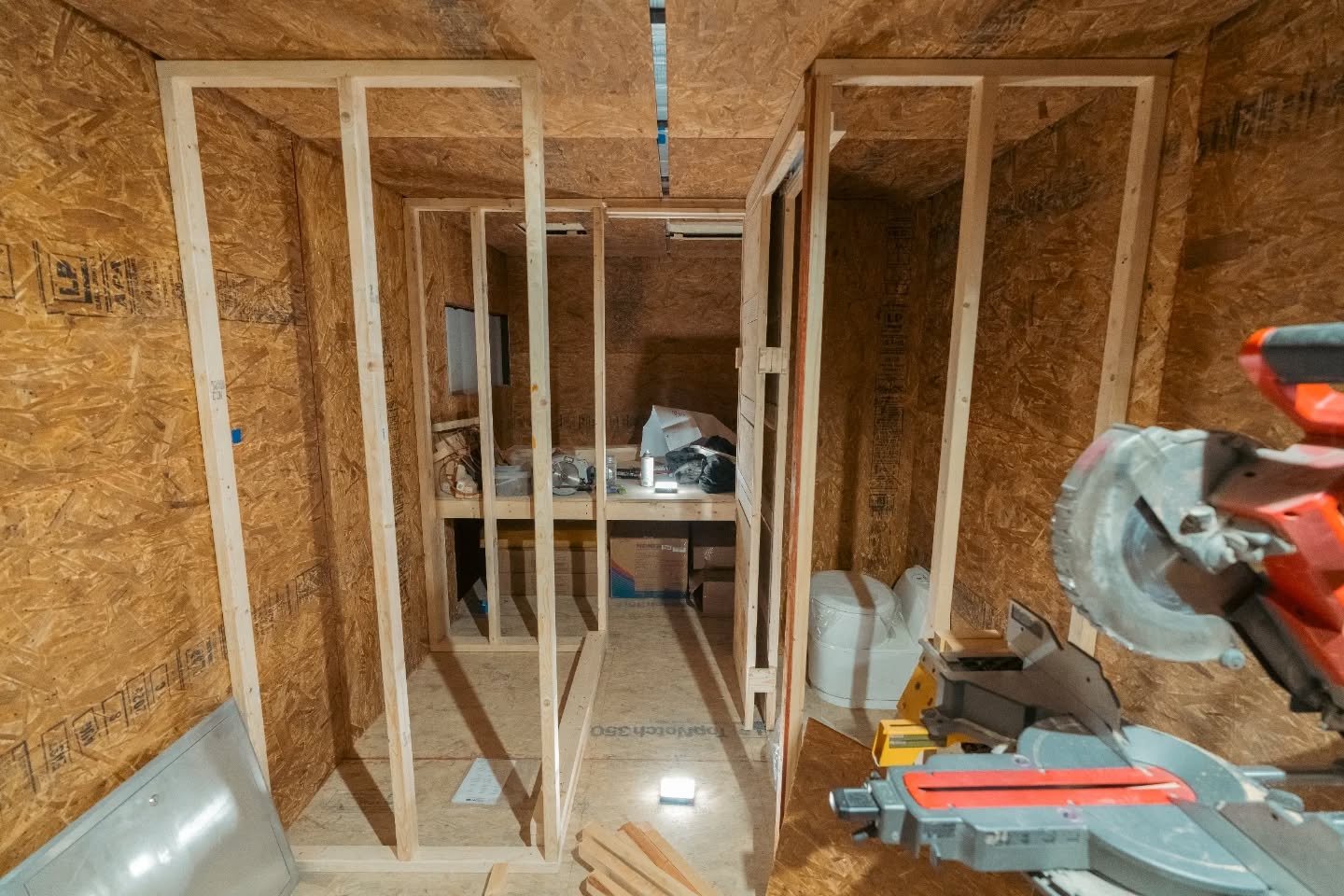 Interior construction progress on our tiny home on wheels- a 1997 Stewart and Stevenson 6x6 expedition vehicle. More photos to come! Any questions?

1- the shower (left) and toilet (right) form a hallway to the bedroom
2- looking from the hallway to 