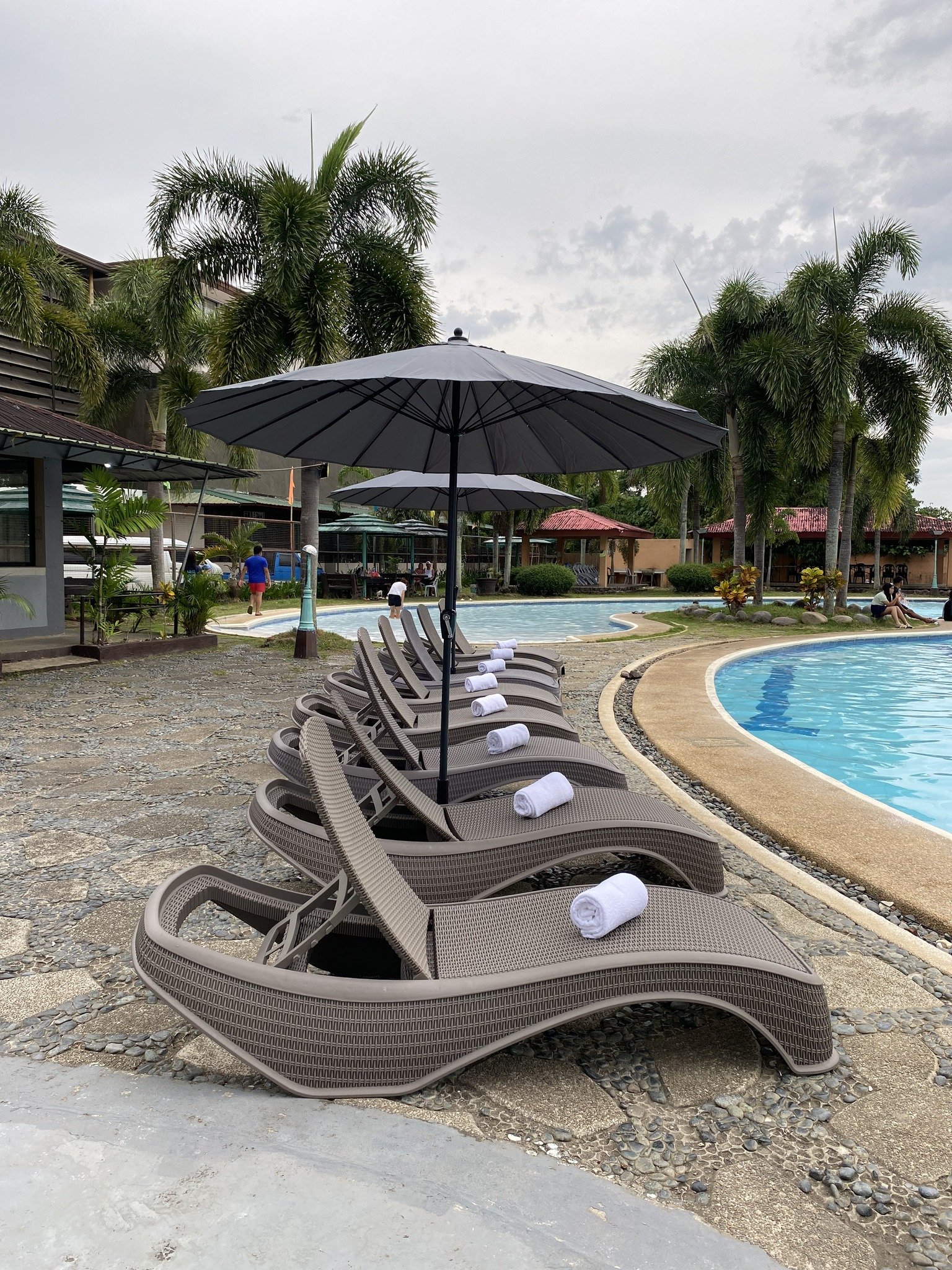 Poolside with lounge chairs, umbrellas, and palm trees