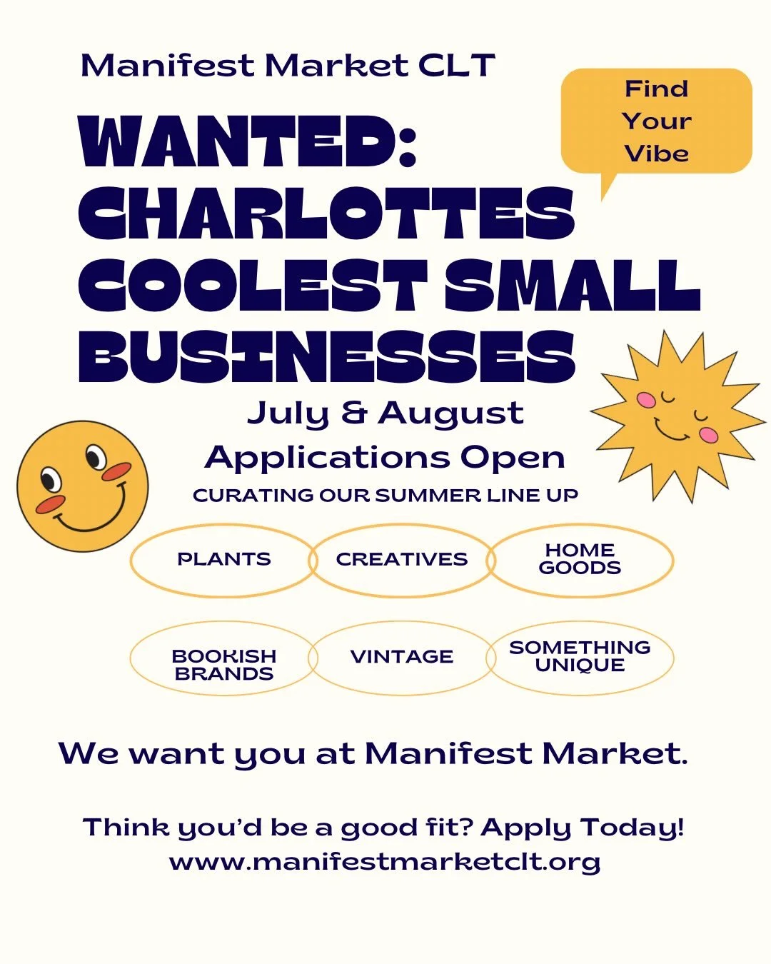 Calling all artists, makers, bakers, vintage curators, plant parents, book lovers, and creative small business owners! ✨

We&rsquo;re currently curating our July and August vendor lineups and looking for fresh faces to join the Manifest Market commun