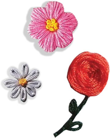 Three embroidered flowers: pink, white, and red with a green stem and leaves. Learn about singer-songwriter Mindy Gledhill's musical journey, albums, performances, and upcoming projects, inspiring self-acceptance and personal growth.