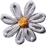 An embroidered flower resembling a daisy with white petals and a yellow center. Learn about singer-songwriter Mindy Gledhill's musical journey, albums, performances, and upcoming projects, inspiring self-acceptance and personal growth through her hea