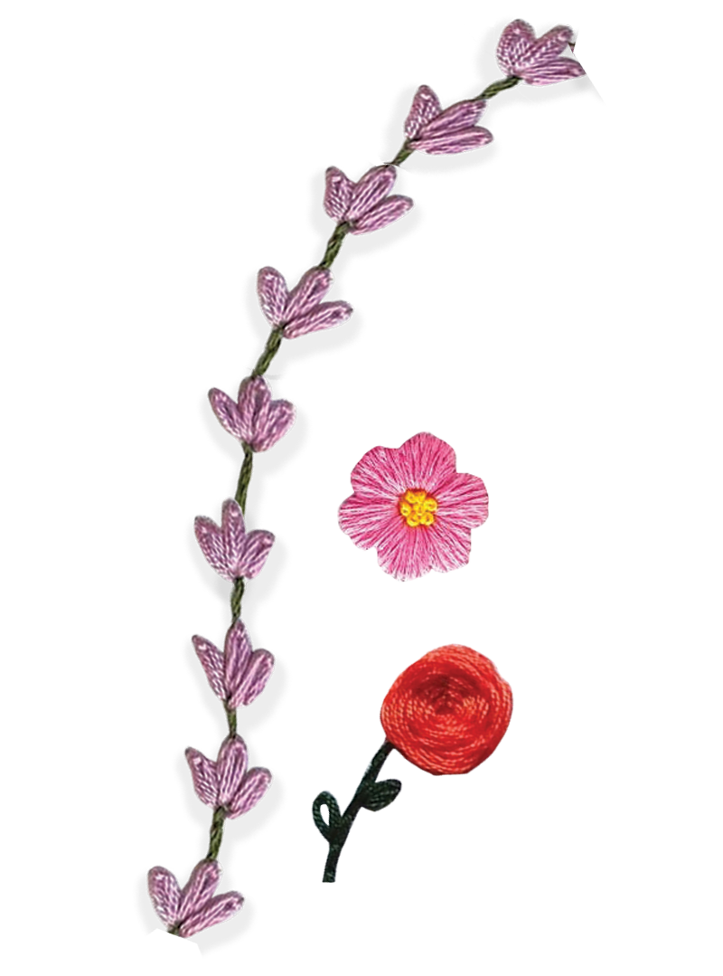 Embroidery of a vertical arrangement of three flowers: a purple and pink vine with heart-shaped flowers, a pink hibiscus, and a red rose, all with green stems and leaves.