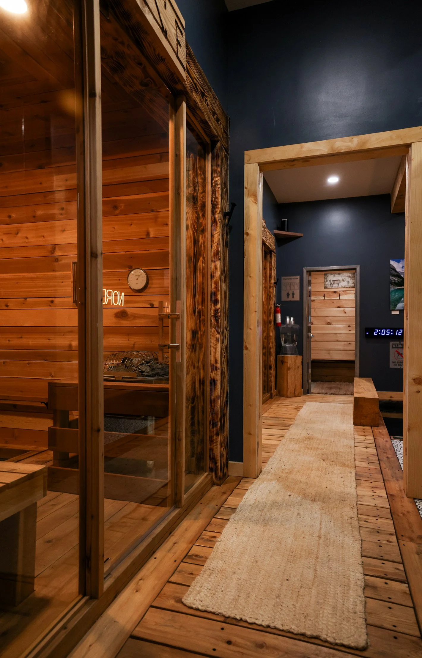 Interior hallway of Nordic on Nine showing the ice sauna and cold plunge facility in New Windsor NY