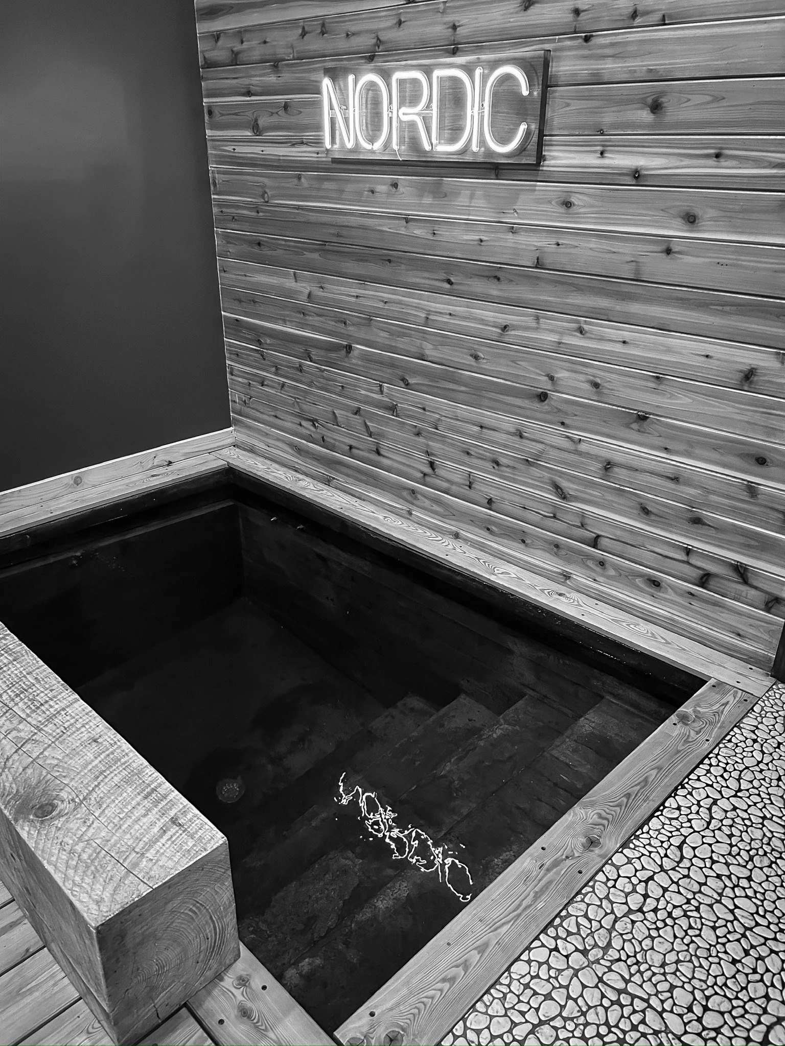 Black and white view of cold plunge pool inside Nordic on Nine sauna and cold plunge spa in Hudson Valley NY