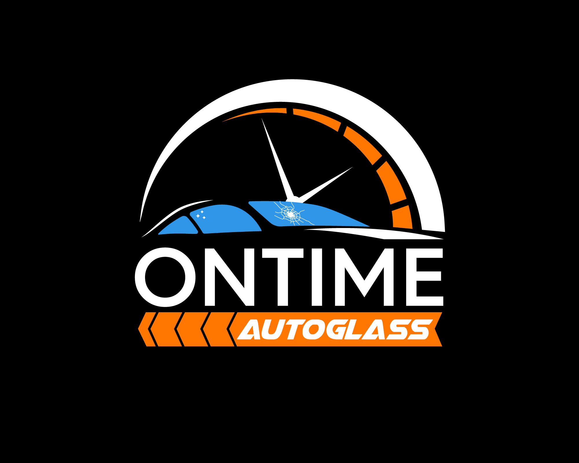 OnTime AutoGlass logo featuring a broken windshield and clock design with an arrow pointing forward, symbolizing speed and efficiency.