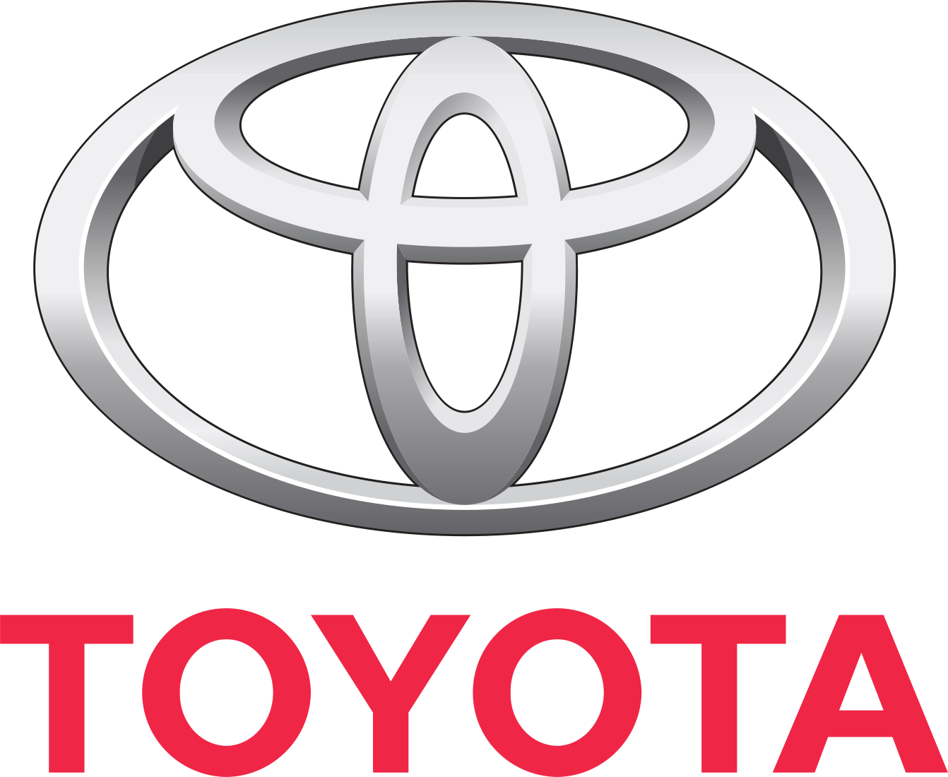 Toyota logo in silver on a black background with red text below.