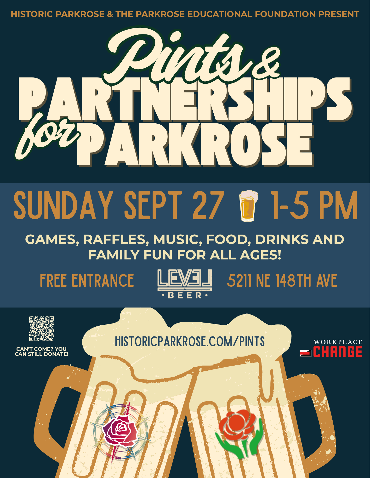 Event poster for Pints & Partnerships for Parkrose, occurring on Sunday, September 27, from 1 to 5 pm at Level Beer, 5211 NE 148th Ave. The poster features images of three beer mugs and a decorative tattoo-style roses tattoo design, with text detailing event activities including games, raffles, music, food, drinks, and family fun, plus free entrance and donation options.