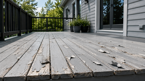 cracked gray deck boards with curling paint strips
