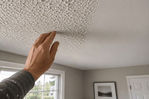 homeowner examining popcorn ceiling texture up close