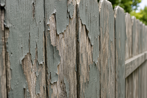close up of flaking paint on weathered fence boards