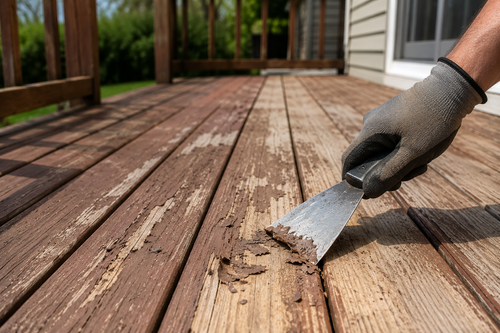 hand scraper removing peeling stain from weathered deck boards