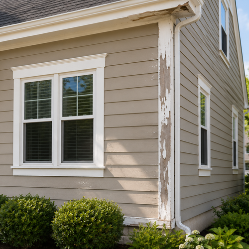 fresh beige house exterior with peeling trim paint