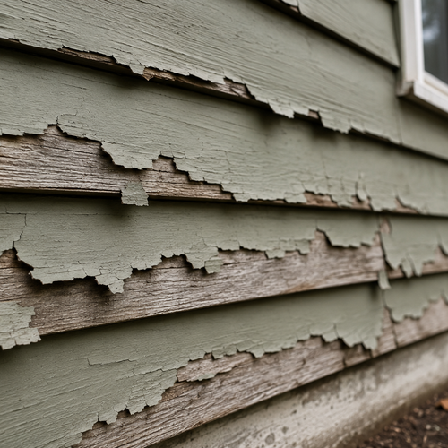 flat paint peeling off bare wood siding boards