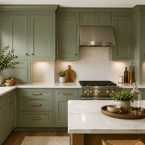 modern kitchen cabinets painted in sage green