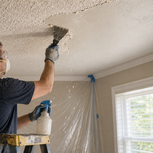 a person reaching up to scrape a textured ceiling with a putty knife