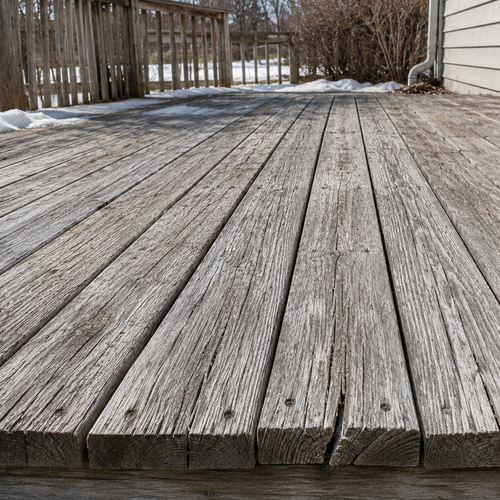 gray weathered deck boards after winter thaw