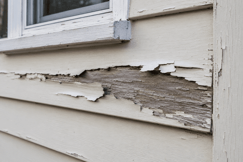 weather-worn stretch of peeling paint on wood siding